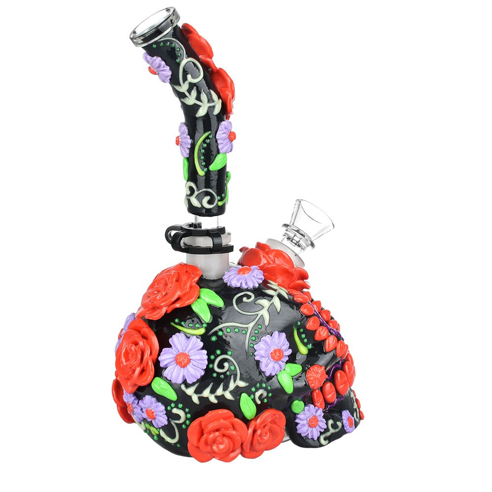 Heavy Flowered Sugar Skull Glass Water Pipe - 10" / 19mm F